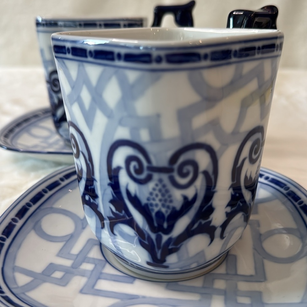 Chinoiserie BOMBAY Windsor Set of 2 Mugs & Saucers, Navy Blue & White - Picture 9 of 12